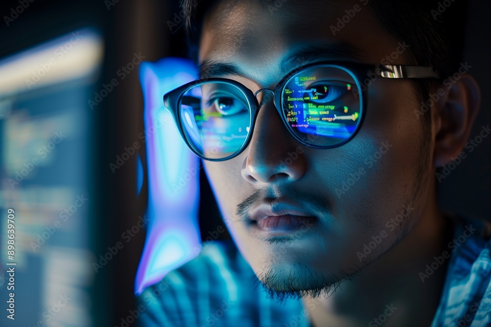 A man wearing glasses is looking at a computer screen. Concept of focus ...