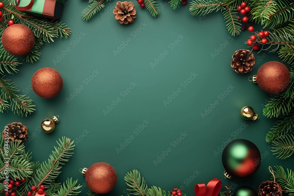 A green background with a Christmas tree and a bunch of Christmas ornaments. The ornaments are of different shapes and sizes, and they are scattered around the tree. Scene is festive and joyful A green background with a Christmas tree and a bunch of Christmas ornaments. The ornaments are of different shapes and sizes, and they are scattered around the tree. Scene is festive and joyful