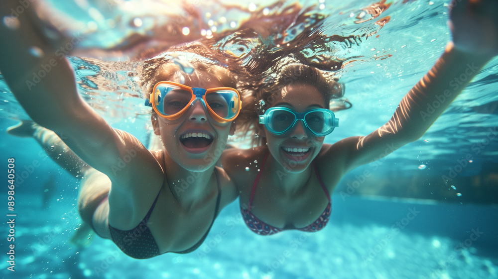 Fototapeta premium friends snorkeling underwater, smiling and having fun in the clear blue ocean during a sunny summer vacation.