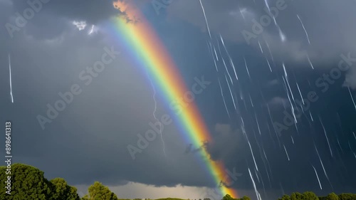A vivid rainbow forms in the sky, showcasing vibrant colors against a backdrop of gray clouds. Rain continues to fall, creating a beautiful contrast.