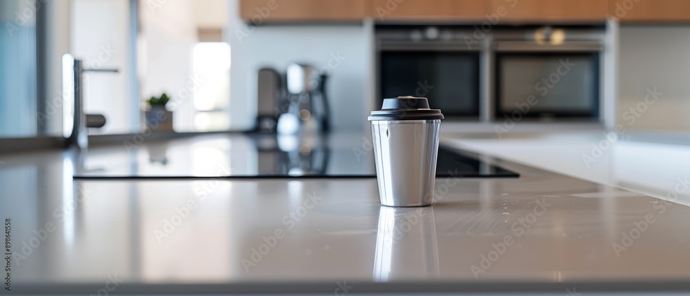 A stylish kitchen with a coffee cup on a polished countertop, featuring modern appliances and a bright, open atmosphere A stylish kitchen with a coffee cup on a polished countertop, featuring modern appliances and a bright, open atmosphere