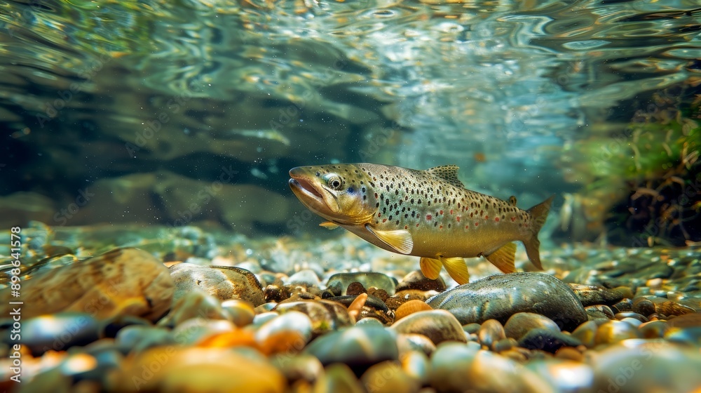 Naklejka premium A brown trout swims gracefully among pebbles in clear, shallow water, showcasing its distinctive spotted pattern and vibrant colors