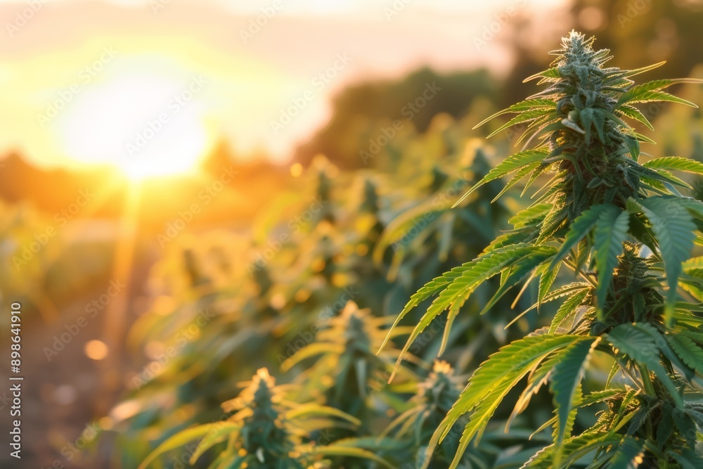A close-up view of cannabis plants in a field at sunset, showcasing their lush green leaves and blooming buds bathed in warm golden light A close-up view of cannabis plants in a field at sunset, showcasing their lush green leaves and blooming buds bathed in warm golden light
