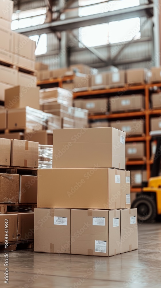 A warehouse scene featuring stacked cardboard boxes on a wooden floor, with shelves filled with more boxes in the background and a forklift nearby A warehouse scene featuring stacked cardboard boxes on a wooden floor, with shelves filled with more boxes in the background and a forklift nearby