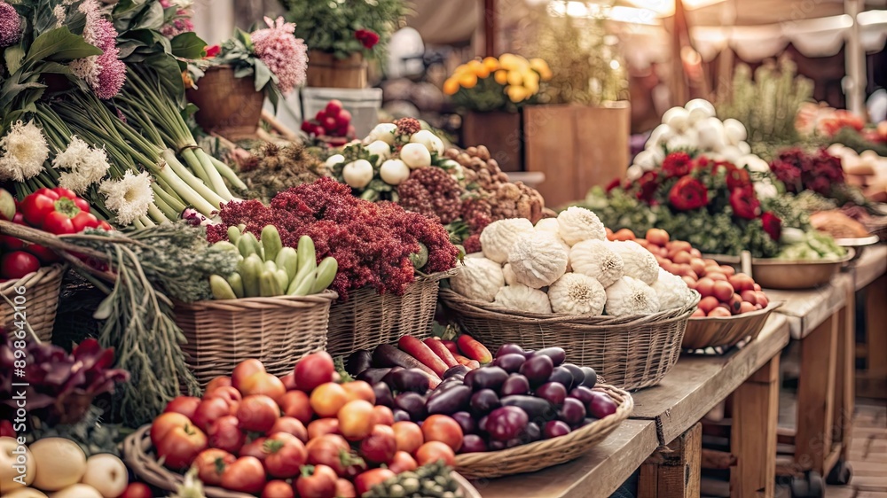 A stall with fall vegetables and produce. Bright colorful flowers and fruits. Appetizing A stall with fall vegetables and produce. Bright colorful flowers and fruits. Appetizing