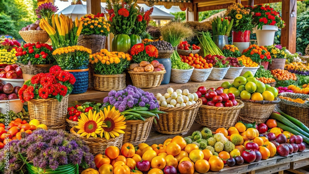 A stall with fall vegetables and produce. Bright colorful flowers and fruits. Appetizing A stall with fall vegetables and produce. Bright colorful flowers and fruits. Appetizing