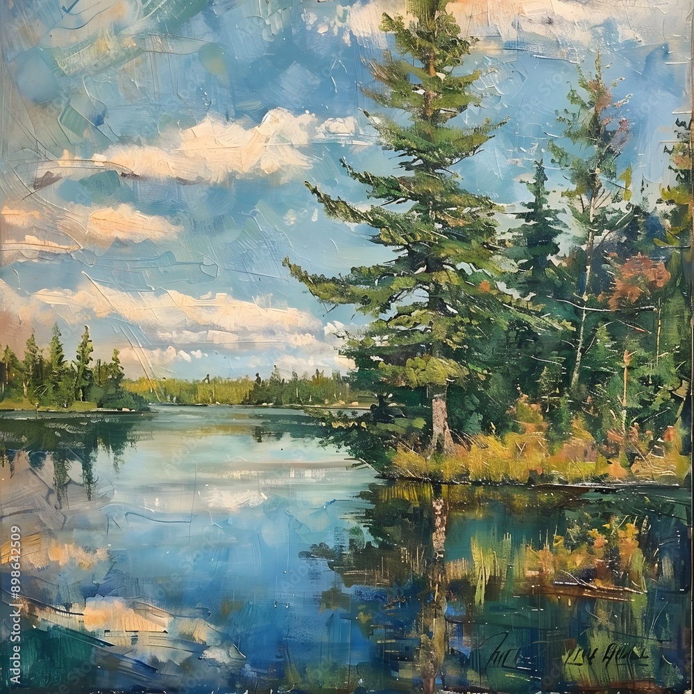 Fototapeta premium lake in the forest with tree pine