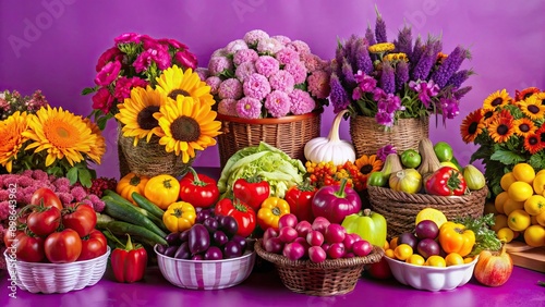 A stall with fall vegetables and produce. Bright colorful flowers and fruits. Appetizing