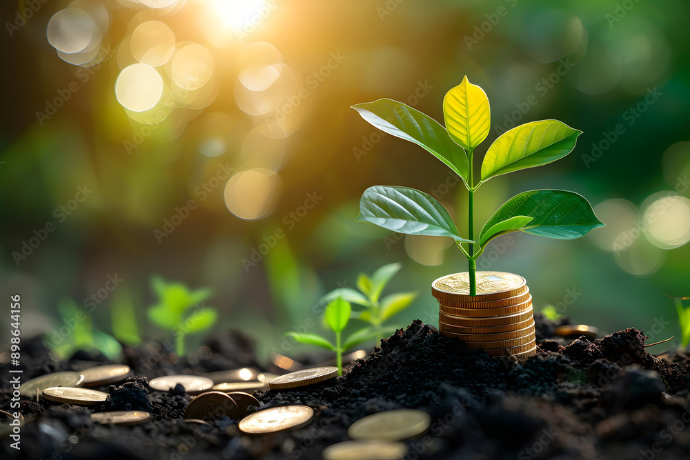 Sustainable Business Growth: Coin-Plant Concept on Green Bokeh Background Sustainable Business Growth: Coin-Plant Concept on Green Bokeh Background