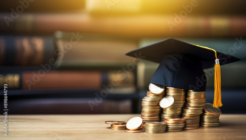 Wallpaper Mural Graduation Cap and Coins on Table, Representing Education Savings and Financial Planning for Academic Success and Future Investments Torontodigital.ca