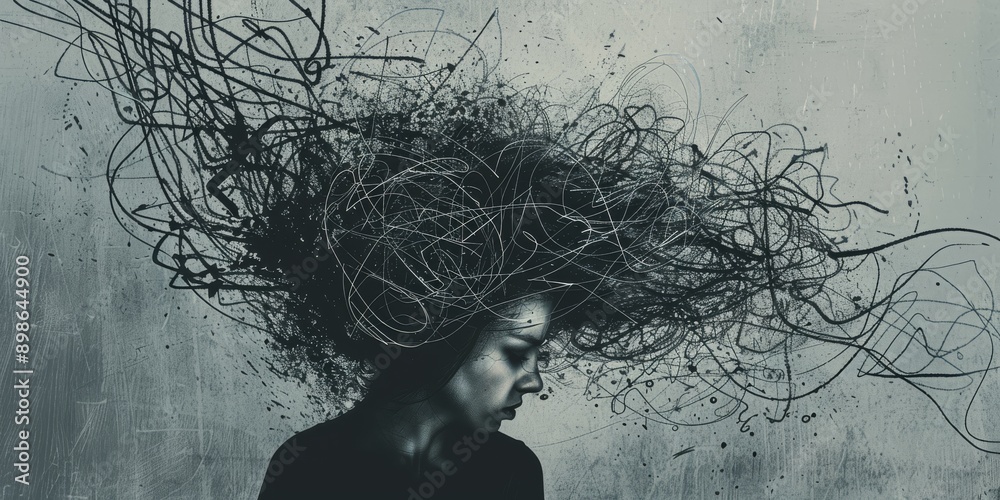 custom made wallpaper toronto digitalA digital artwork of a woman with black, abstract hair. The chaotic lines represent her mind