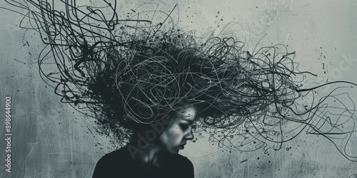 A digital artwork of a woman with black, abstract hair. The chaotic lines represent her mind