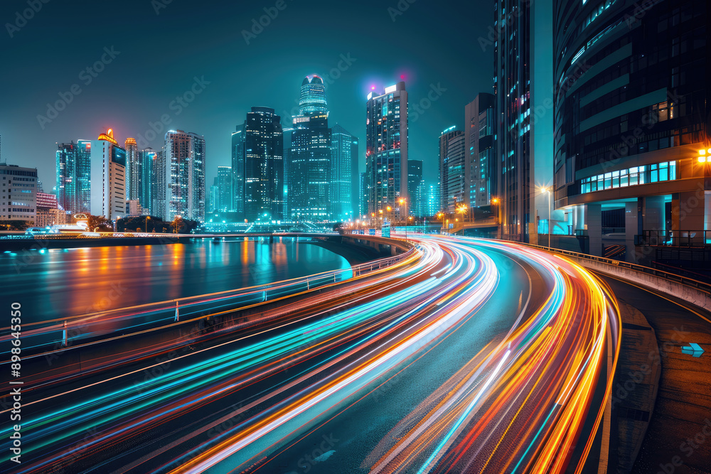 Fototapeta premium Cityscape with highway traffic trails leading to modern illuminated skyline at night