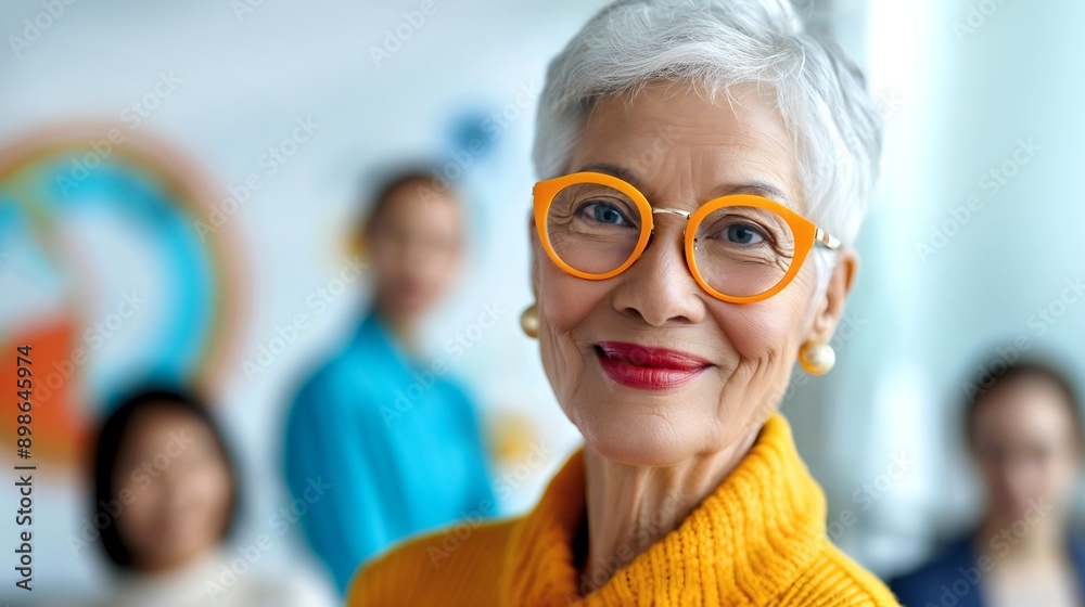 Confident Woman in Her 50s with Stylish Orange Glasses at Office Confident Woman in Her 50s with Stylish Orange Glasses at Office
