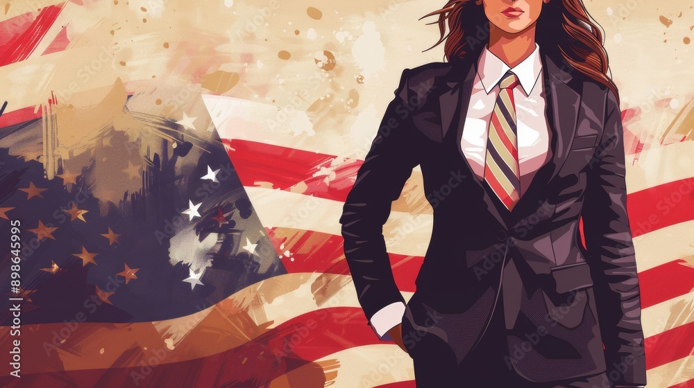 Fototapeta premium Illustration of a brunette woman in a suit with the USA flag in the background. voting concept in the united states