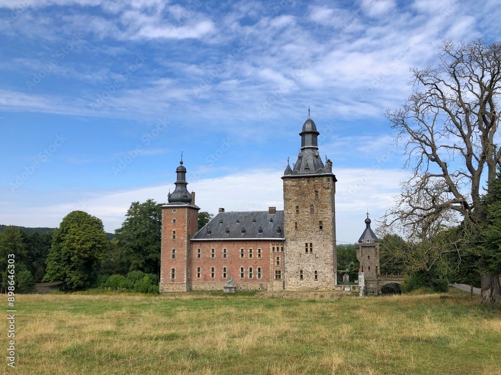 Fototapeta premium The old Belgian Chateau de Beusdael with the old defense tower on the right.