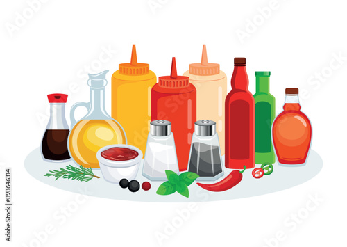 Sauce, seasoning, spices and herbs still life vector illustration. Different types of sauce and condiments icon set on a white background. Salt, pepper, mustard, ketchup, vinegar and more drawing