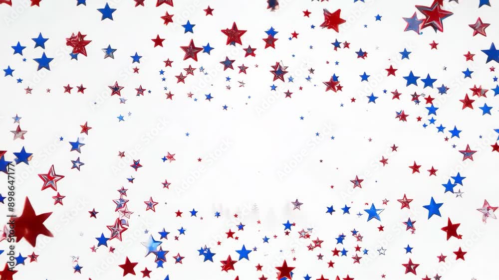 Stars in red, white, and blue fall against a white background. Stars in red, white, and blue fall against a white background.