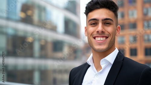 A young man in a suit and tie smiles for the camera. He is standing in front of a building with a glass facade