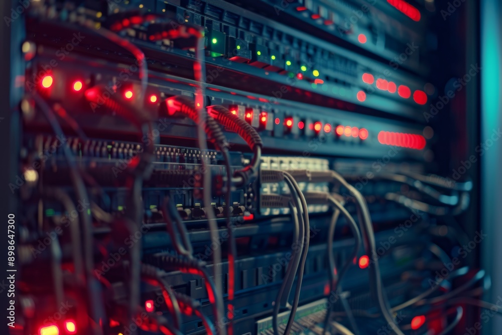 Close-Up of Neatly Organized Server Rack Cables in Data Center Infrastructure for Efficient Data Exchange