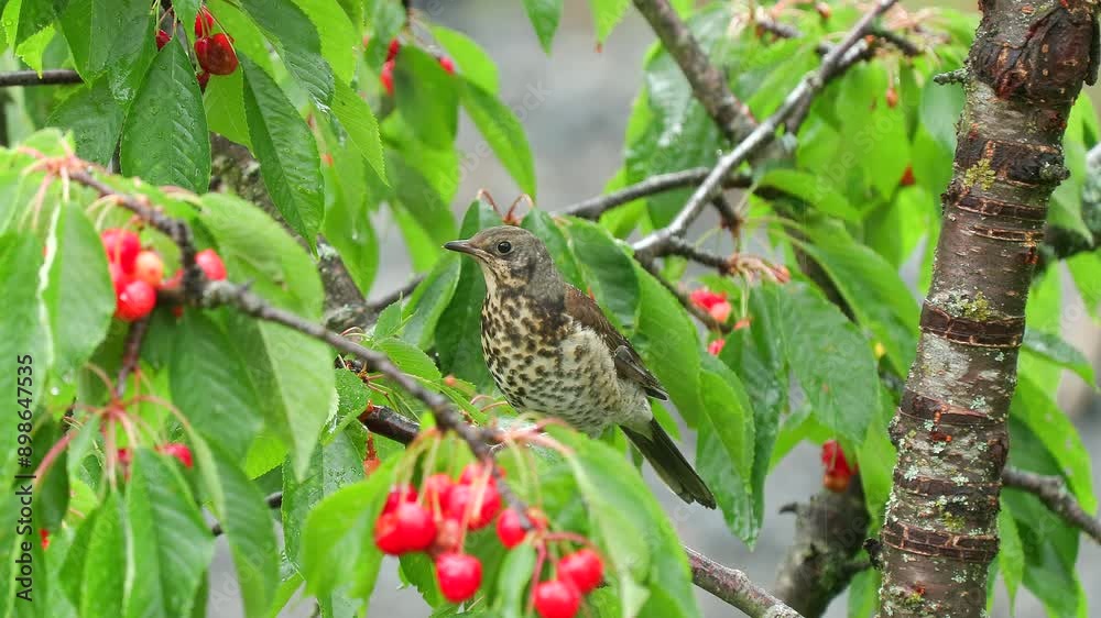 bird fieldfare pick feed sweet cherry berries in tree turdus pilaris green leaf