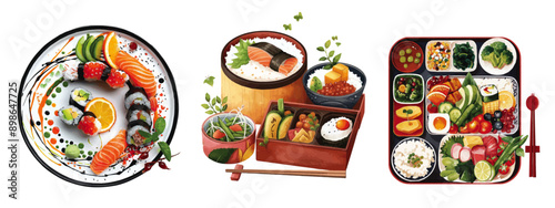 Three beautifully arranged Japanese food platters featuring sushi, bento boxes, and fresh ingredients, showcasing the art of Japanese cuisine. Colorful Japanese Cuisine Platters Variety

