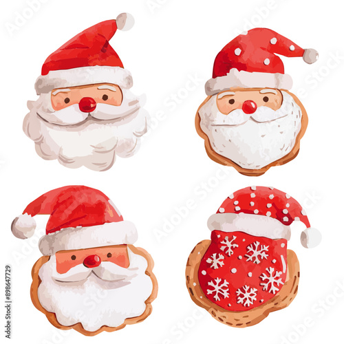 Charming watercolor illustrations of Santa Claus cookies, perfect for Christmas decorations, holiday cards, and festive design Santa Claus Cookie vectors in Watercolor

