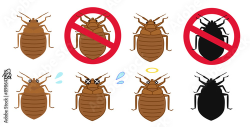 Set of various illustrations of bed bugs. Line drawings, black and white, prohibition marks, and weak bed bugs.