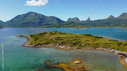 Norway natural landscape in the north, Norland, Hamaroy area. Beautiful aerial landscape of Northern Norway with sea and mountains in Scandinavia by drone photo