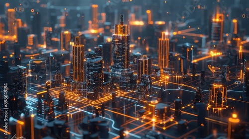 Futuristic Smart Cityscape with Digital Data Flows and Connected Buildings at Night