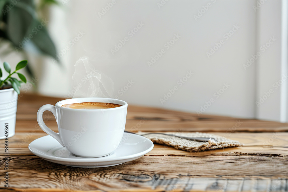 A cup of coffee on a wooden table with a brown saucer and a closeup view A cup of coffee on a wooden table with a brown saucer and a closeup view