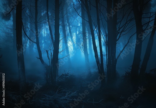 A foggy forest at night with eerie blue lighting and dark silhouettes of trees.