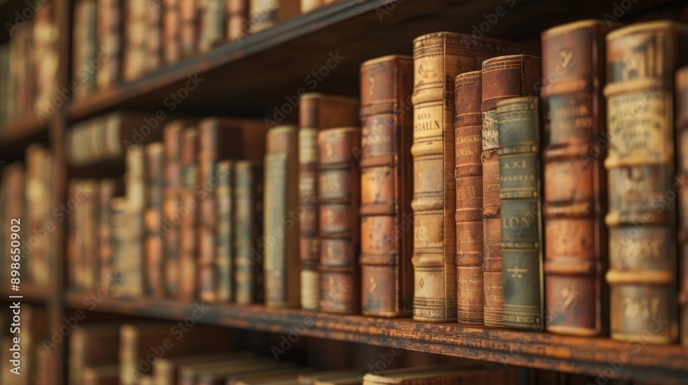 A bookshelf filled with rows of antique leather-bound books. The warm tones and textures create a sense of history and knowledge. A bookshelf filled with rows of antique leather-bound books. The warm tones and textures create a sense of history and knowledge.