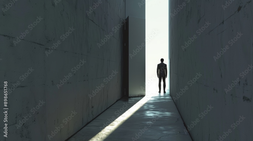 A lone figure stands in a narrow hallway, bathed in a sliver of light at the end. The walls are stark and grey, emphasizing the contrast between darkness and light. A lone figure stands in a narrow hallway, bathed in a sliver of light at the end. The walls are stark and grey, emphasizing the contrast between darkness and light.