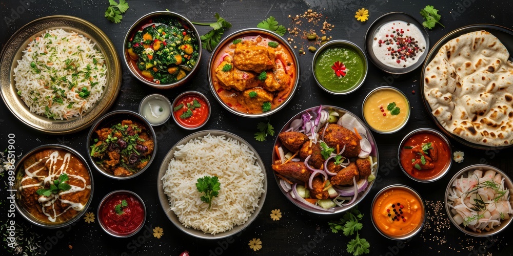 Indian Feast with Rice, Curries, and Naan Bread on Black Background Indian Feast with Rice, Curries, and Naan Bread on Black Background