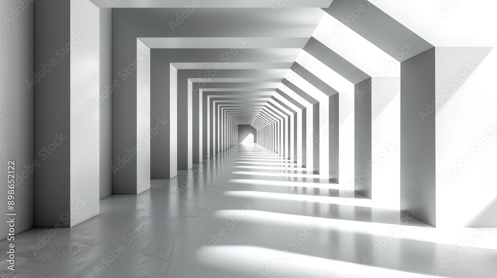 A minimalist, white hallway with a perspective leading to a light at the end. The walls and floor are clean and the light casts long shadows. A minimalist, white hallway with a perspective leading to a light at the end. The walls and floor are clean and the light casts long shadows.