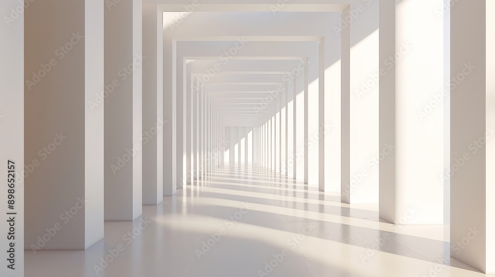 A minimalist hallway with white pillars and sunlight streaming through the windows.  The perspective creates a sense of depth and space.