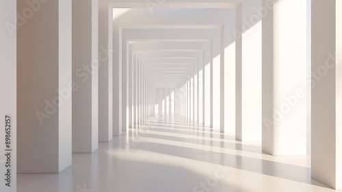 A minimalist hallway with white pillars and sunlight streaming through the windows.  The perspective creates a sense of depth and space.