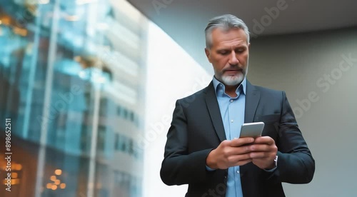 Serious business man dressed in suit using smartphone while waitng someone outside a glass building photo