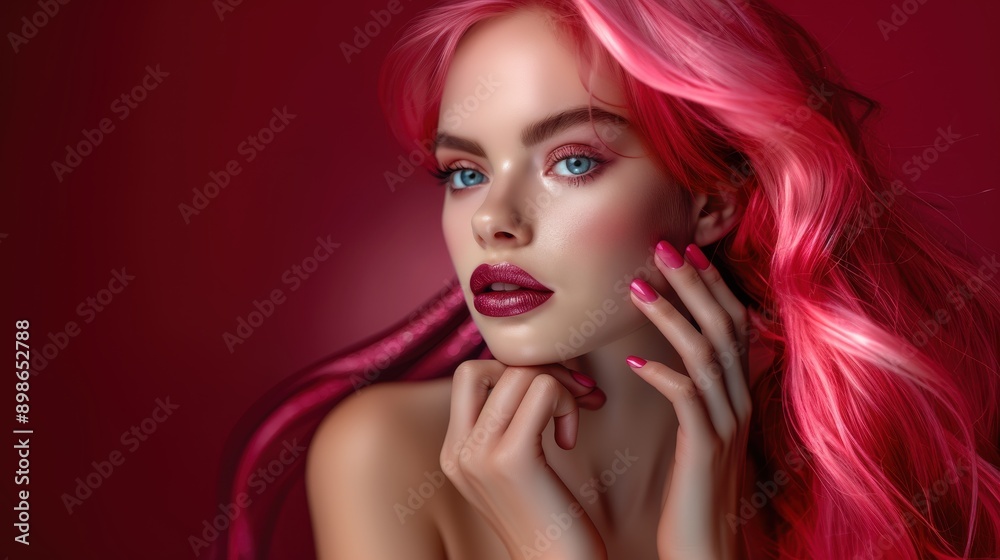 Close-up of a model with stunning pink makeup, featuring glittery eyeshadow and bold lipstick, set against a matching pink background.

