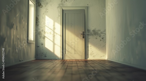 A single door in a dilapidated room bathed in sunlight.  The wooden floorboards are worn and the walls are peeling.