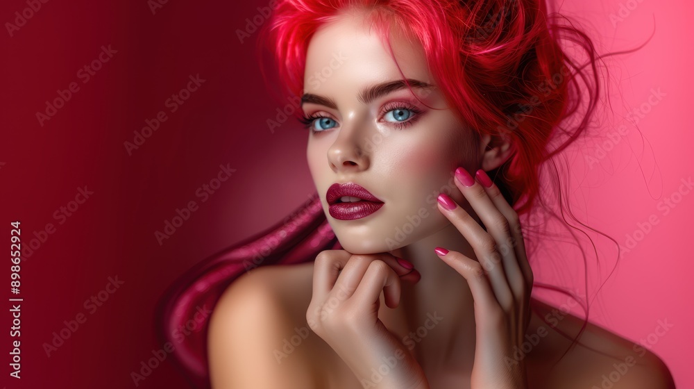 Close-up of a model with stunning pink makeup, featuring glittery eyeshadow and bold lipstick, set against a matching pink background.
Close-up of a model with stunning pink makeup, featuring glittery eyeshadow and bold lipstick, set against a matching pink background.