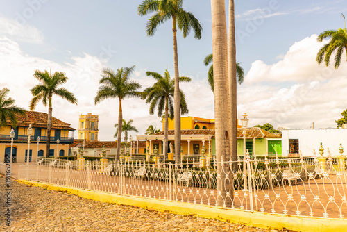 Plaza mayor park in Trinidad cuba with palms tree in old colonial town