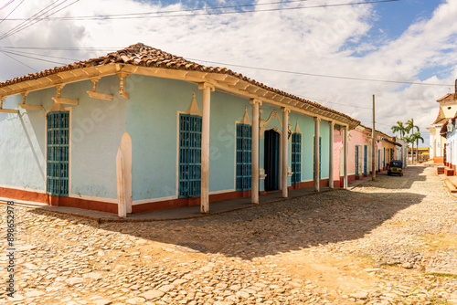 old colorful colonial house in the old neighborhood of trinidad cuba with cobblestone streets