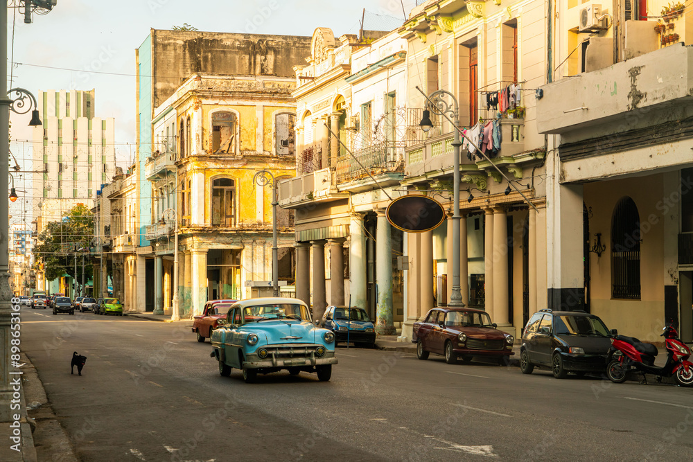 old blue classic car in havana cuba street in colonial downtown the old havana