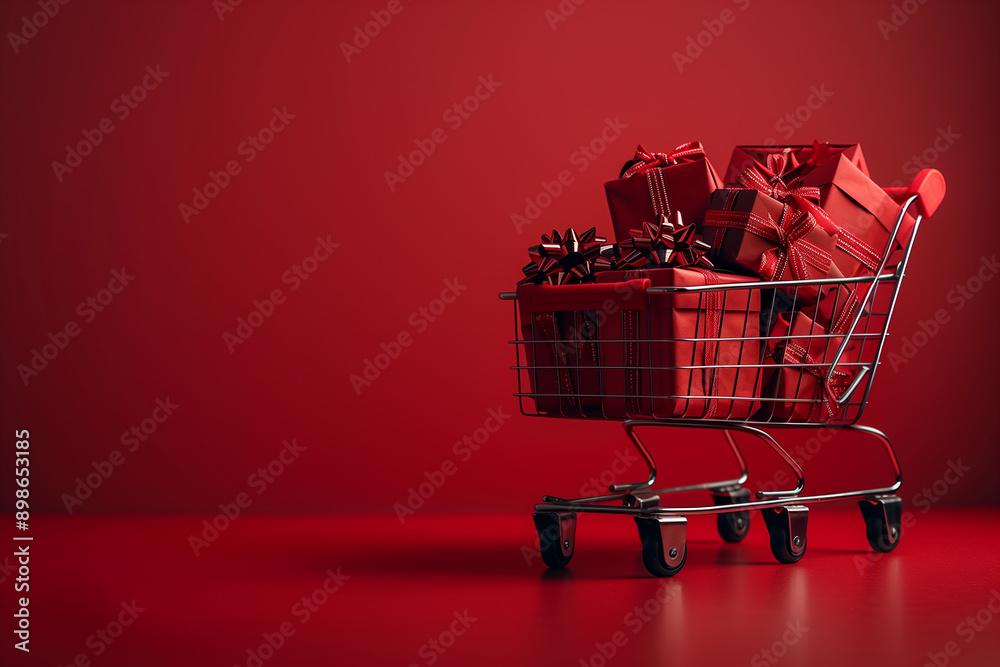Black Friday, grocery cart with red boxes, red background copy space Black Friday, grocery cart with red boxes, red background copy space