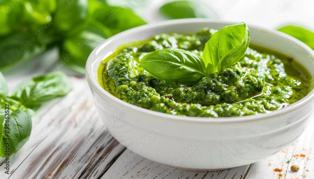 Fresh homemade basil pesto in a white bowl, garnished with basil leaves on a wooden table. Fresh homemade basil pesto in a white bowl, garnished with basil leaves on a wooden table.
