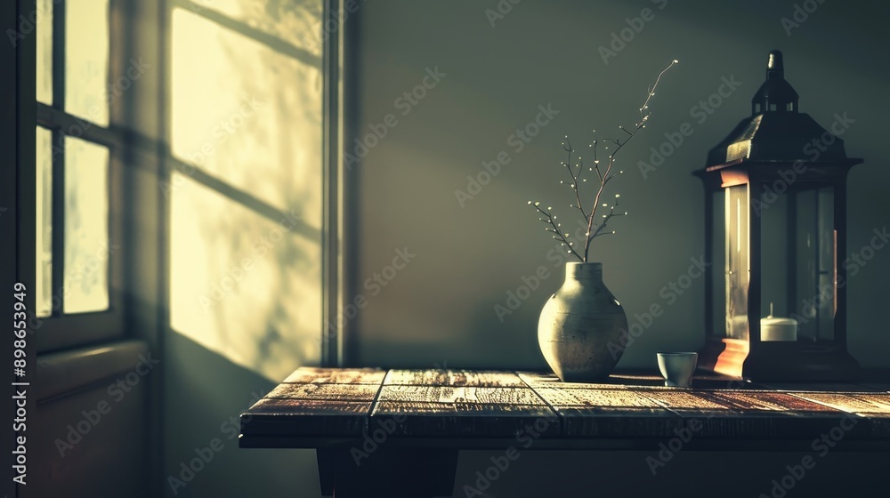 Obraz premium A vase of dried branches sits on a rustic table, illuminated by the warm glow of sunlight streaming through a window.