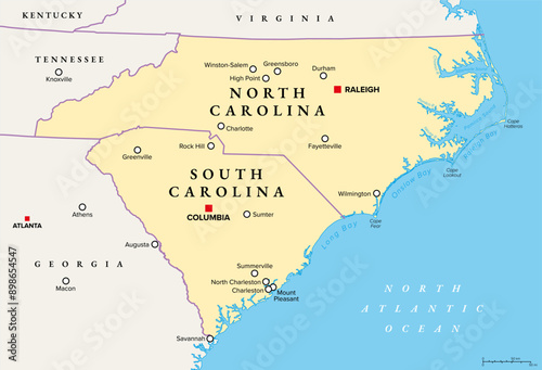 The Carolinas or Carolina, the U.S. states North Carolina and South Carolina, political map, with borders and capitals Raleigh and Columbia. Bordered by Virginia, Tennessee, Georgia, and the Atlantic.