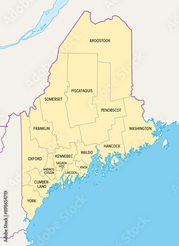 Maine counties, political map with borders and county names. State in the New England region of the United States, subdivided into 16 counties. Nicknamed The Pine Tree State, or also Vacationland. photo